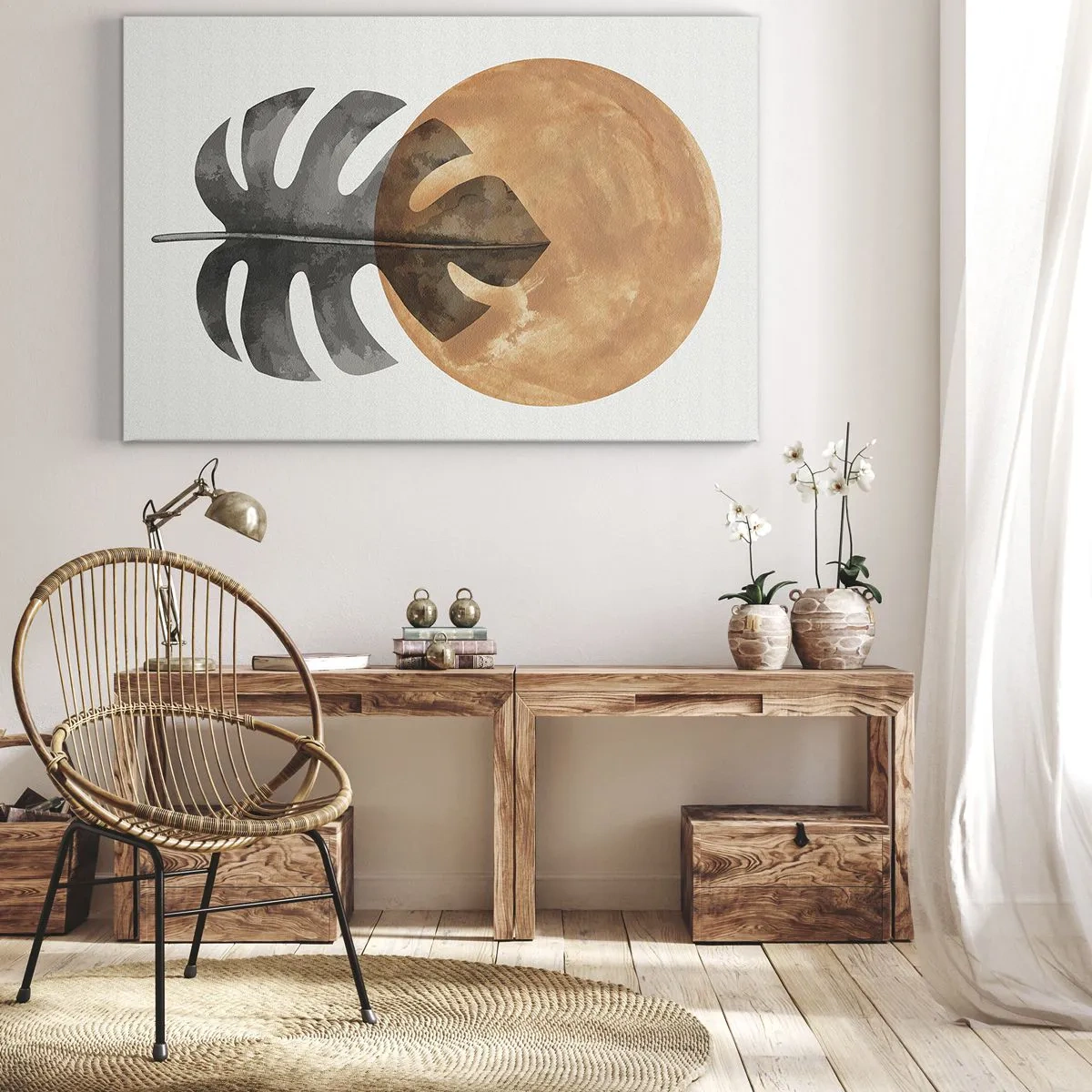 Obraz na plátně - List monstery a zlatý kruh na světlém pozadí - 70x50cm - Vždy slunce - Moderní nástěnná dekorace do obývacího pokoje a ložnice ARTTOR