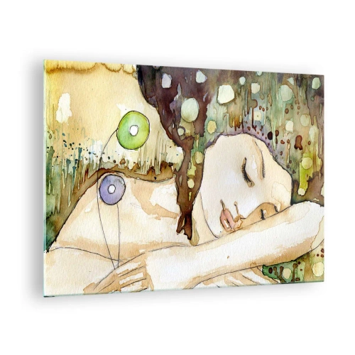 Obraz na skle - Spící žena v umělecké akvarelové malbě v teplých barvách. - 70x50cm - Smaragdově-fialový sen - Moderní nástěnná dekorace do obývacího pokoje a ložnice ARTTOR