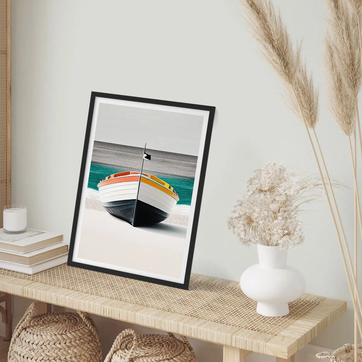Plakát v černém rámu - Barevná fotografie lodi na pozadí moře a písku. - 50x70cm - Na správném místě - Moderní nástěnná dekorace do obývacího pokoje a ložnice ARTTOR