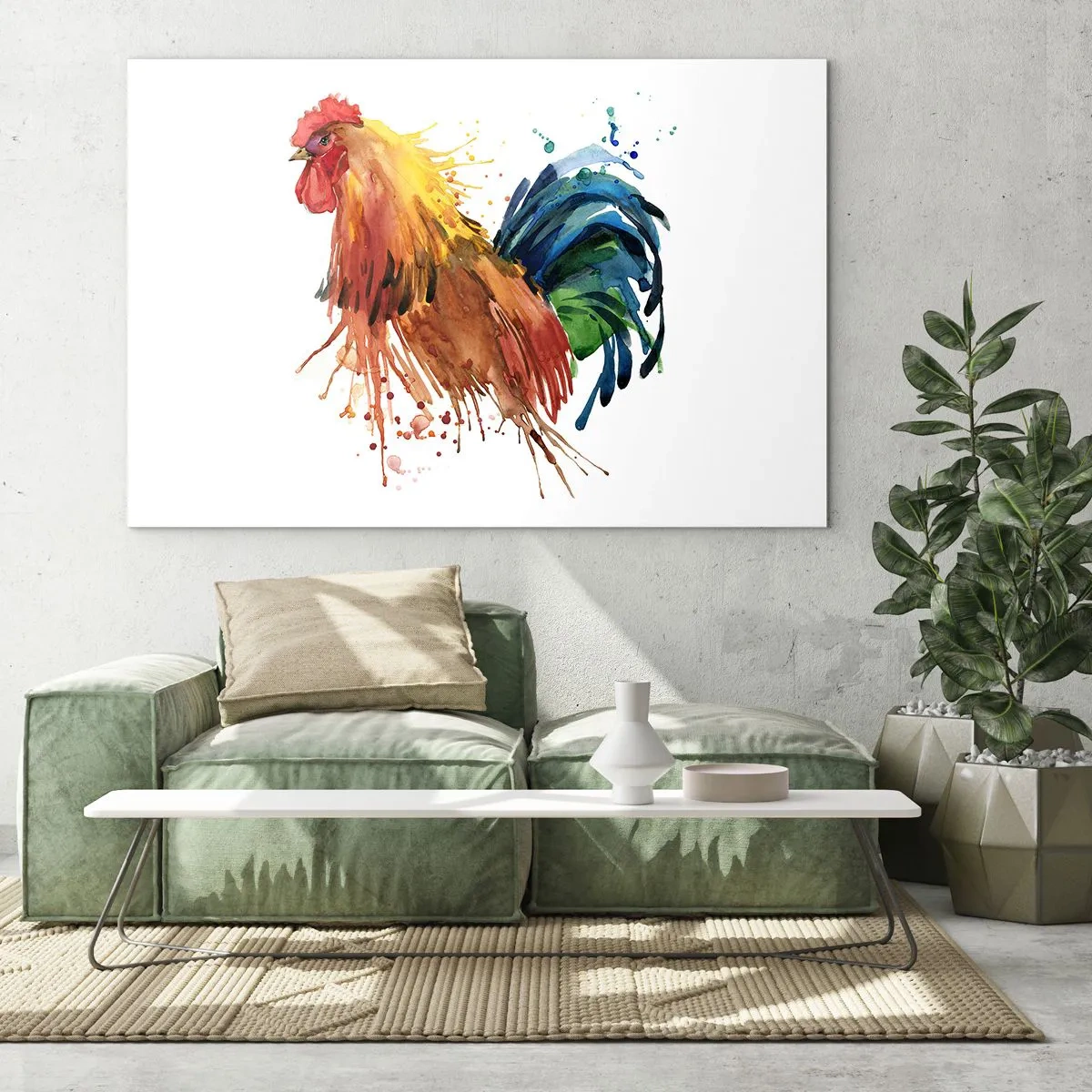 Obraz na skle - Akvarelový kohout v živých barvách na bílém pozadí - 70x50cm - Královský šat, královská pýcha - Moderní nástěnná dekorace do obývacího pokoje a ložnice ARTTOR