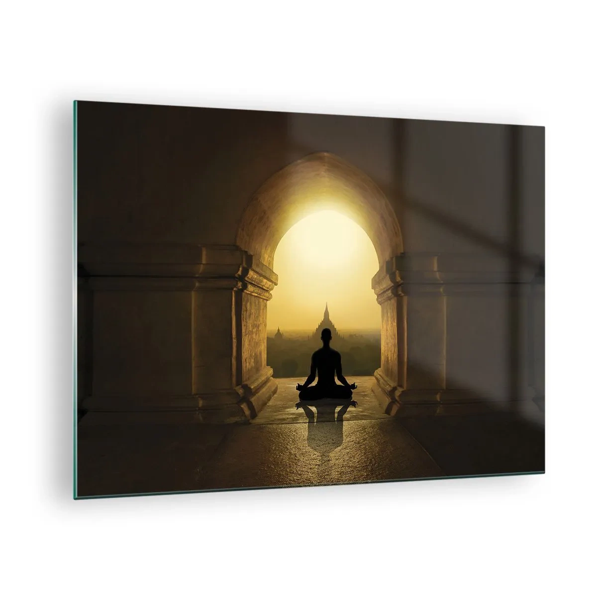 Obraz na skle - Silueta meditující osoby ve světle zapadajícího slunce v architektonickém oblouku - 70x50cm - Plná harmonie - Moderní nástěnná dekorace do obývacího pokoje a ložnice ARTTOR