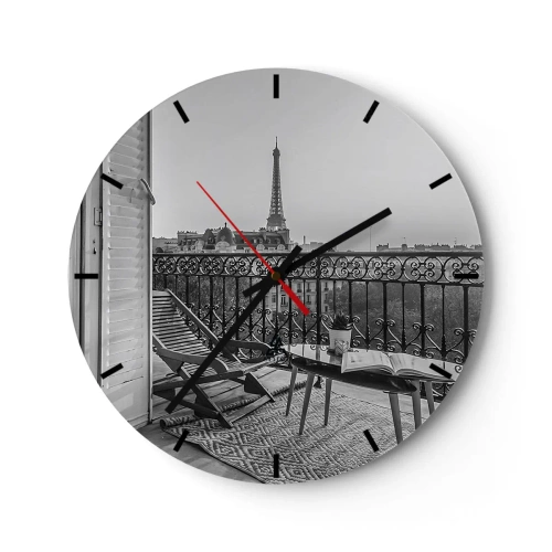Nástěnné hodiny - Pohled z balkonu Eiffelovy věže v černé a bílé - 30x30cm - Pařížské odpoledne - Moderní nástěnná dekorace do obývacího pokoje, kuchyně a ložnice ARTTOR
