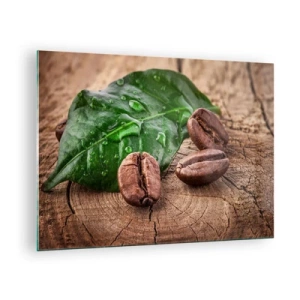 Obraz na skle - Kávová zrna na listu a dřevěném pozadí - 70x50cm - Nejskutečnější a černá - Moderní nástěnná dekorace do obývacího pokoje a ložnice ARTTOR