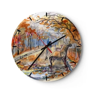 Nástěnné hodiny - Podzimní park s lavičkou ve stylu akvarelu - 30x30cm - Společně putovat podzimem - Moderní nástěnná dekorace do obývacího pokoje, kuchyně a ložnice ARTTOR