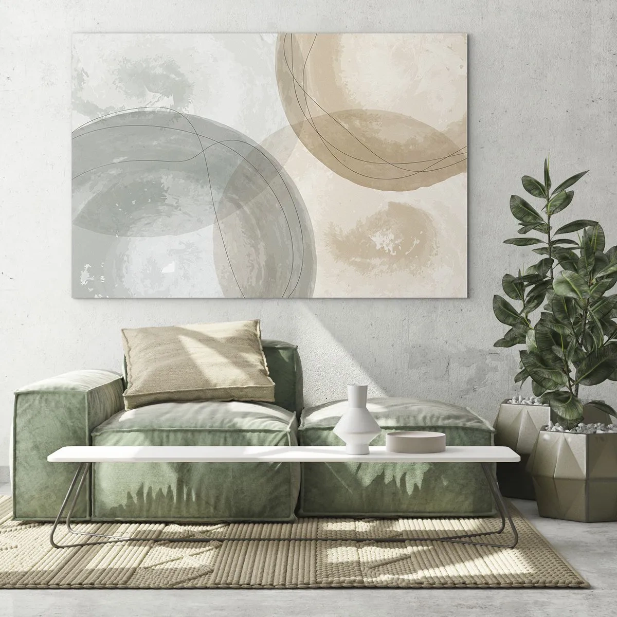 Obraz na skle - Pastelové kruhy a čáry v jemné kompozici - 70x50cm - Pronikání světů - Moderní nástěnná dekorace do obývacího pokoje a ložnice ARTTOR