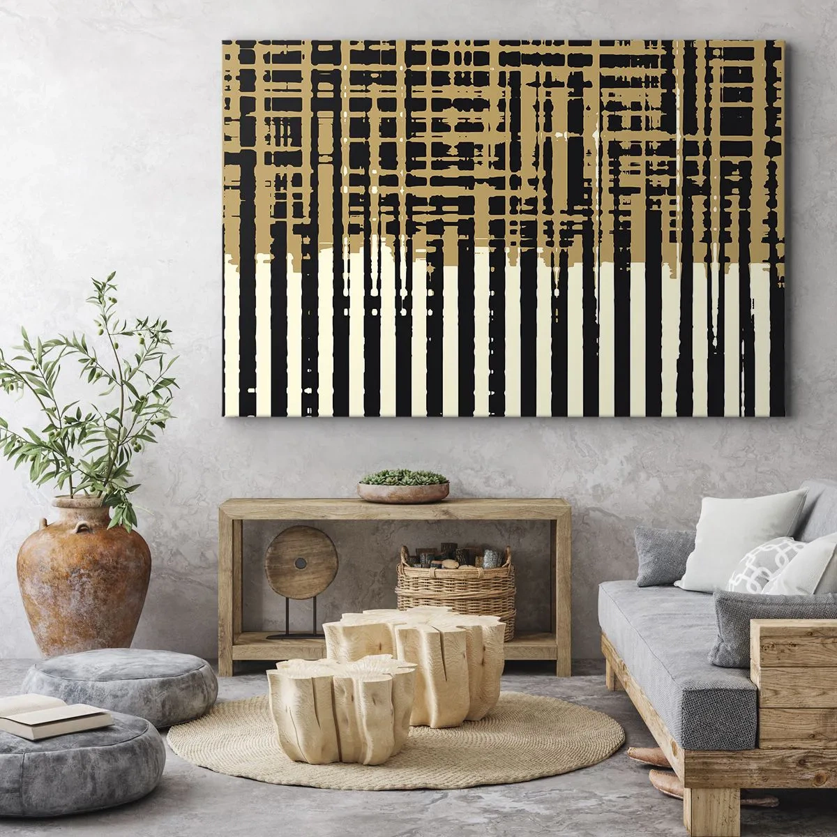 Obraz na plátně - Abstraktní linie v černé, béžové a bílé - 70x50cm - Architektonická abstrakce - Moderní nástěnná dekorace do obývacího pokoje a ložnice ARTTOR
