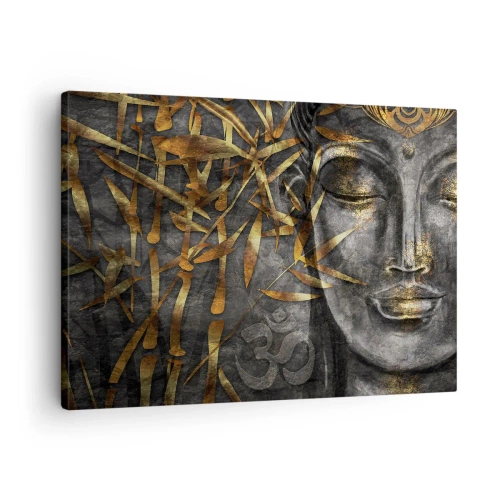 Obraz na plátně - Zen Buddha obraz se zlatými bambusy - 70x50cm - Pociťte klid - Moderní nástěnná dekorace do obývacího pokoje a ložnice ARTTOR