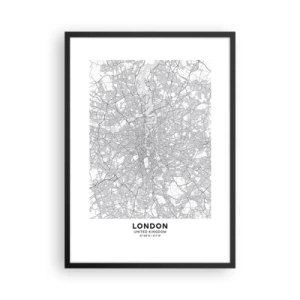 Plakát v černém rámu - Černobílá mapa Londýna s přesnými detaily ulic - 50x70cm - Mapa londýnského labyrintu - Moderní nástěnná dekorace do obývacího pokoje a ložnice ARTTOR
