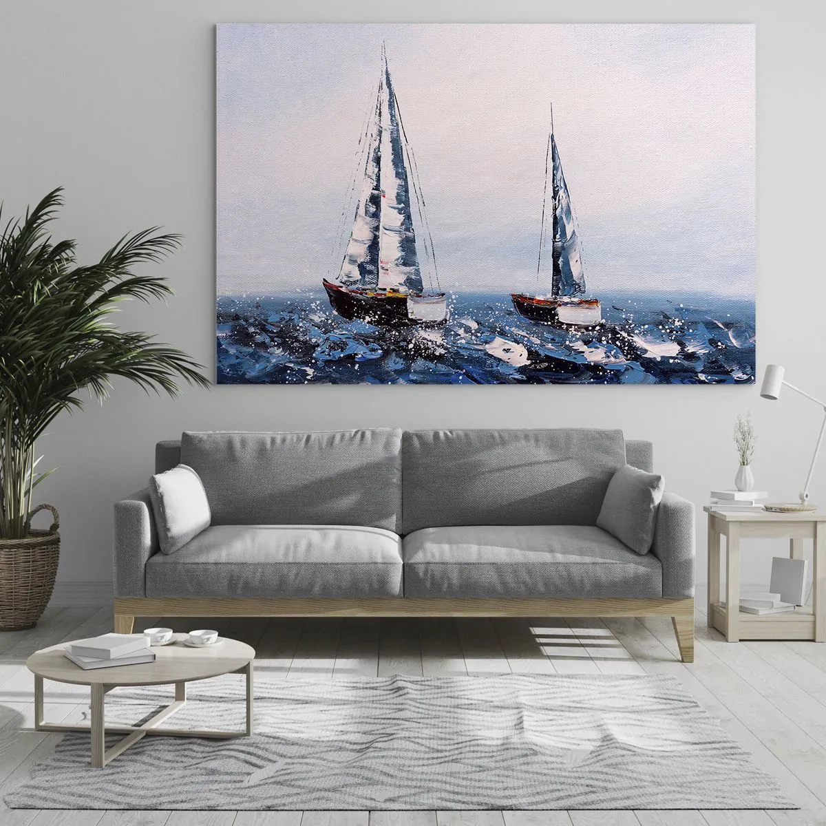 Obraz na skle - Dvě jachty na rozbouřeném moři v impresionistickém malířském stylu. - 70x50cm - Bratrství větru - Moderní nástěnná dekorace do obývacího pokoje a ložnice ARTTOR