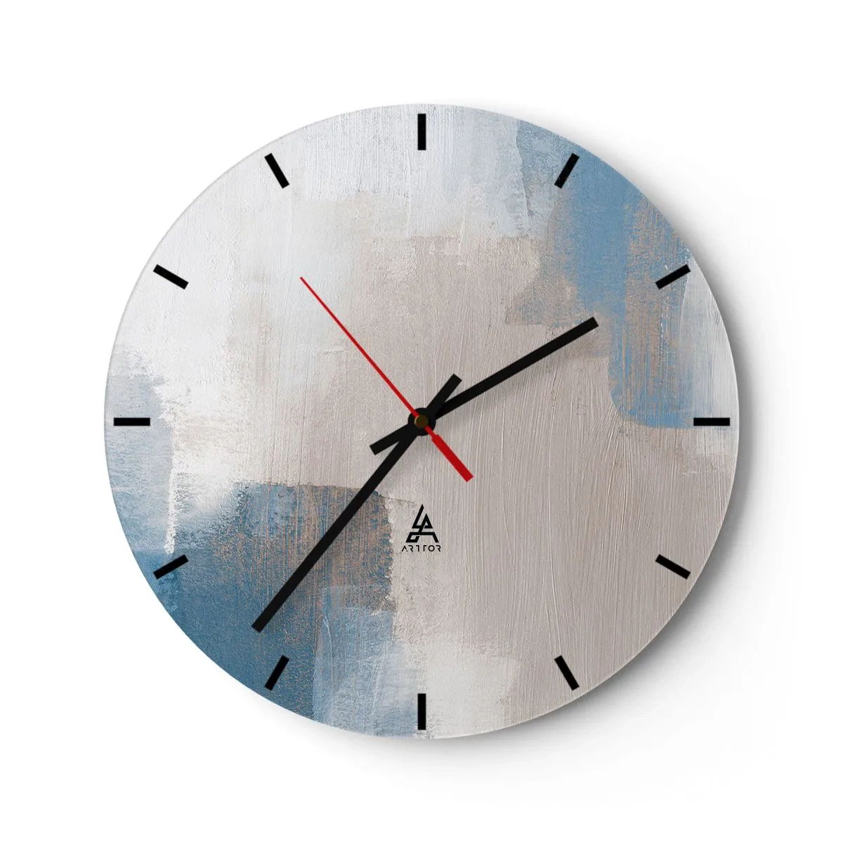 Nástěnné hodiny - Moderní abstrakce v béžové, modré a šedé barvě - 30x30cm - Růžová abstrakce za modrým závojem - Moderní nástěnná dekorace do obývacího pokoje, kuchyně a ložnice ARTTOR