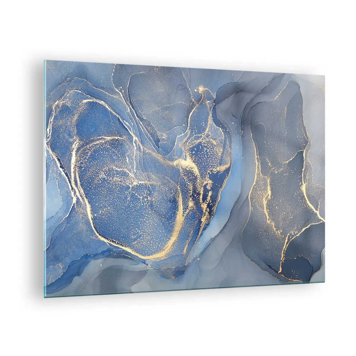 Obraz na skle - Abstraktní kompozice v odstínech tmavě modré a zlaté - 70x50cm - Zlatý prach - Moderní nástěnná dekorace do obývacího pokoje a ložnice ARTTOR