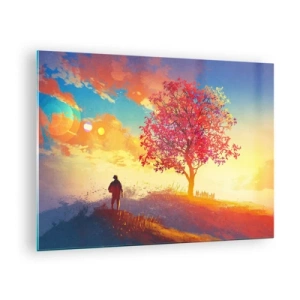Obraz na skle - Postava na pozadí barevné oblohy a stromu v teplých barvách - 70x50cm - Poutník u cíle - Moderní nástěnná dekorace do obývacího pokoje a ložnice ARTTOR