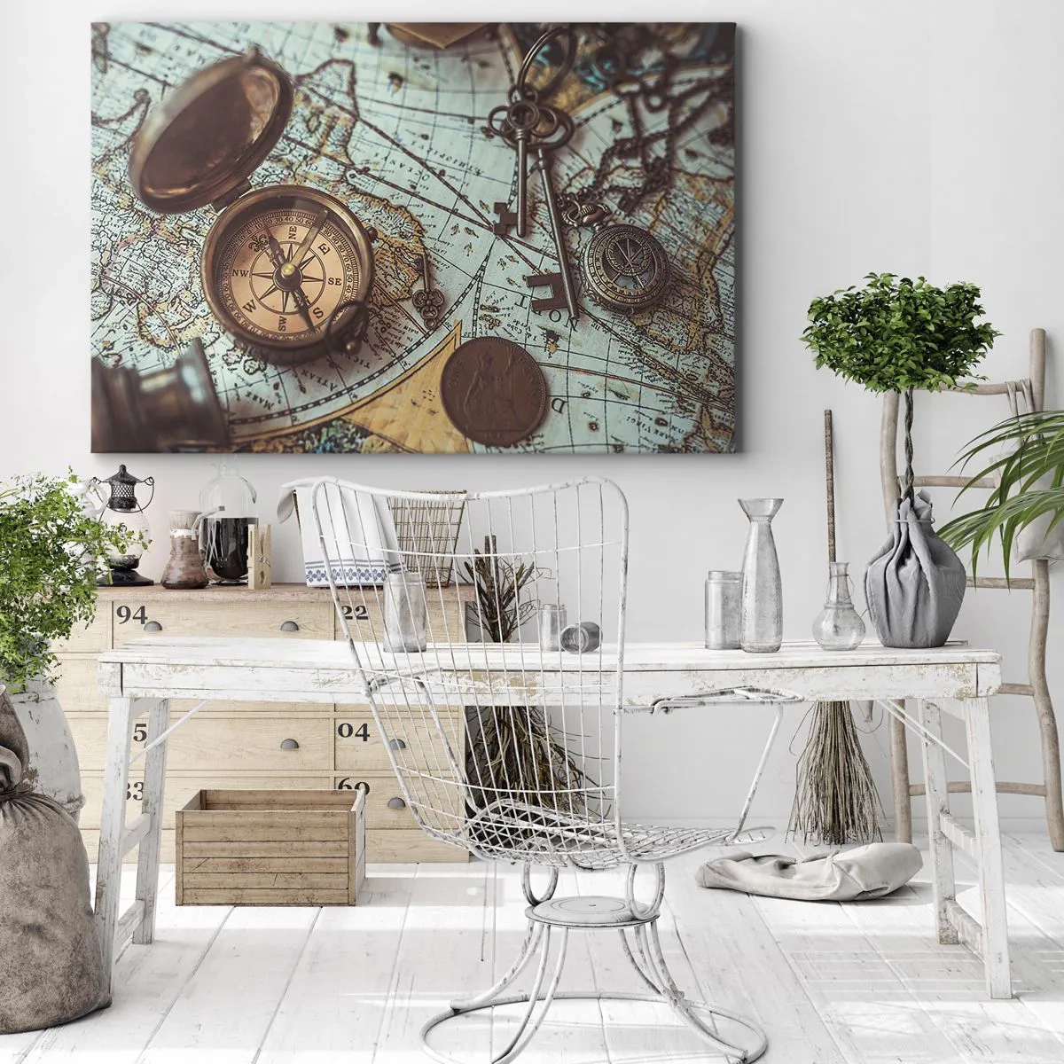 Obraz na plátně - Složení s kompasem, klíči a starou mapou v retro stylu - 70x50cm - Pro dobrodruha - Moderní nástěnná dekorace do obývacího pokoje a ložnice ARTTOR