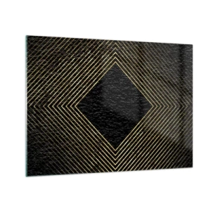 Obraz na skle - Zlatý diamant s geometrickými liniemi na černém pozadí - 70x50cm - Geometrie ve stylu glamour - Moderní nástěnná dekorace do obývacího pokoje a ložnice ARTTOR