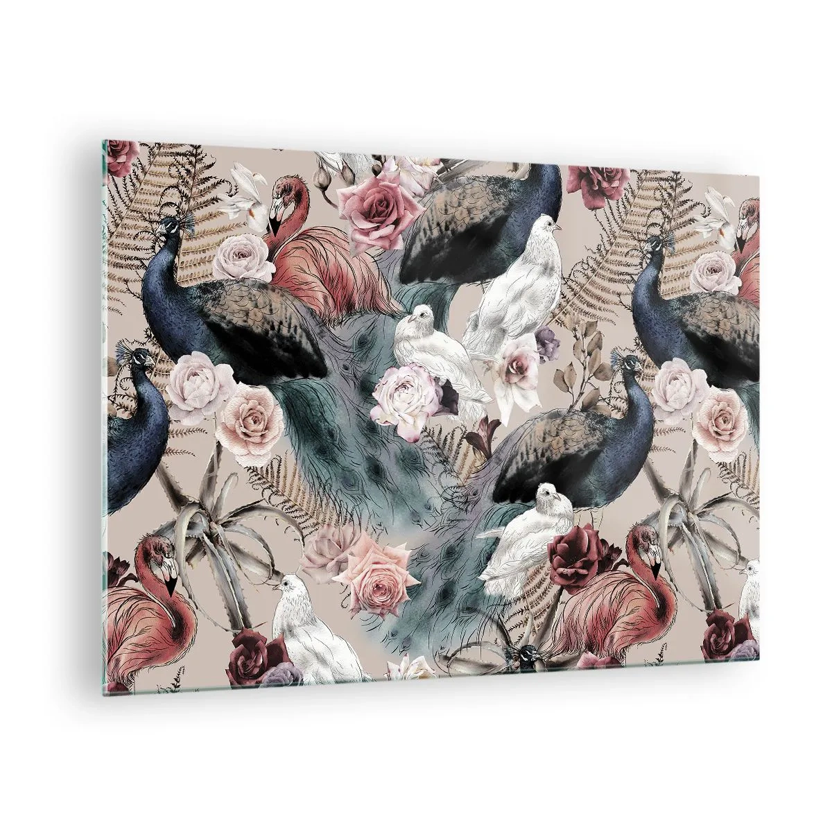 Obraz na skle - Pávi a plameňáci obklopení růžemi a kapradinami - 70x50cm - V palácové zahradě - Moderní nástěnná dekorace do obývacího pokoje a ložnice ARTTOR