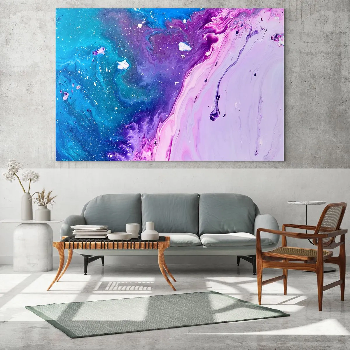 Obraz na skle - Abstraktní kompozice s kombinací fialové, modré a růžové barvy. - 70x50cm - Yin a yang - Moderní nástěnná dekorace do obývacího pokoje a ložnice ARTTOR