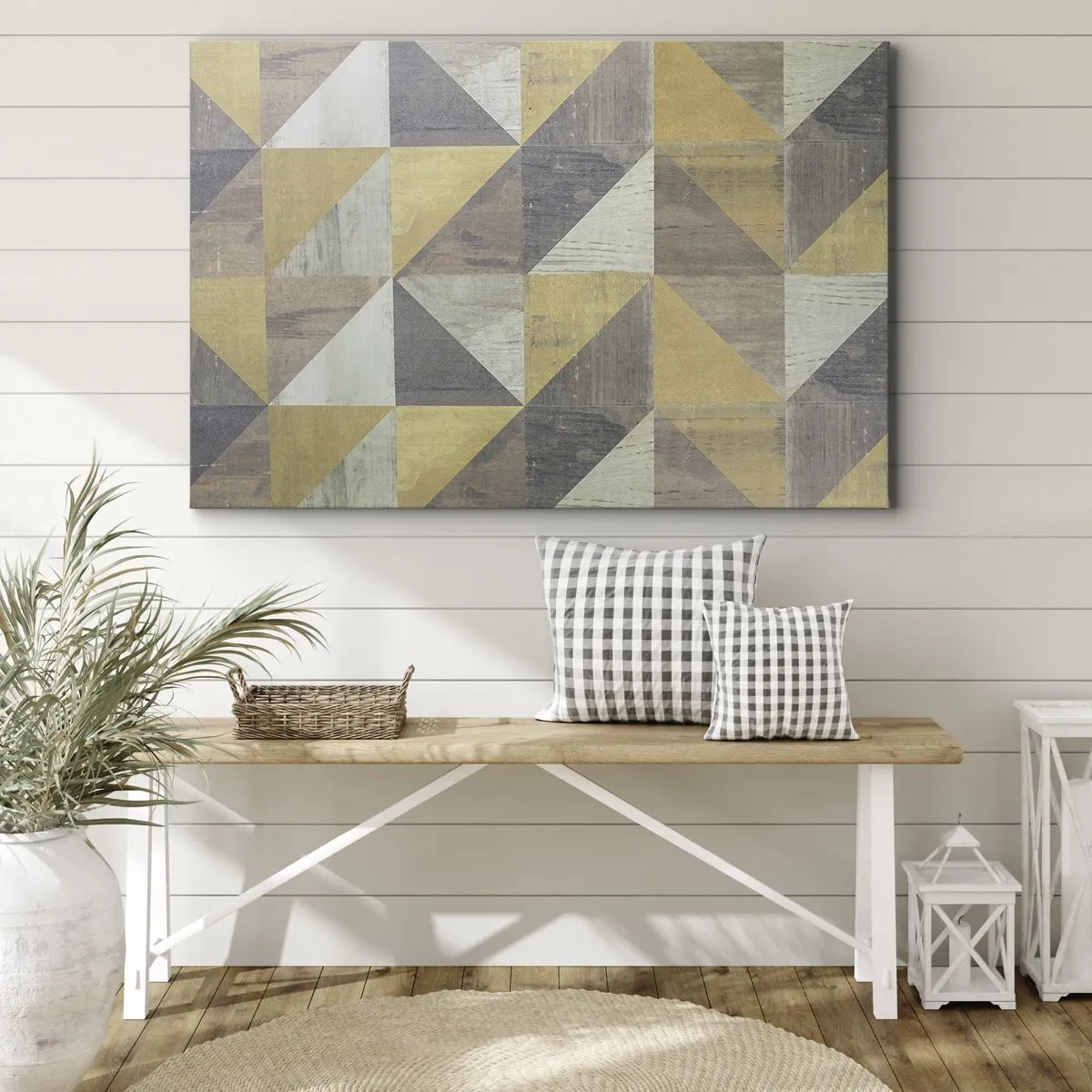 Obraz na plátně - Geometrická kompozice trojúhelníků v zemitých odstínech - 70x50cm - V úhlu trojúhelníku - Moderní nástěnná dekorace do obývacího pokoje a ložnice ARTTOR
