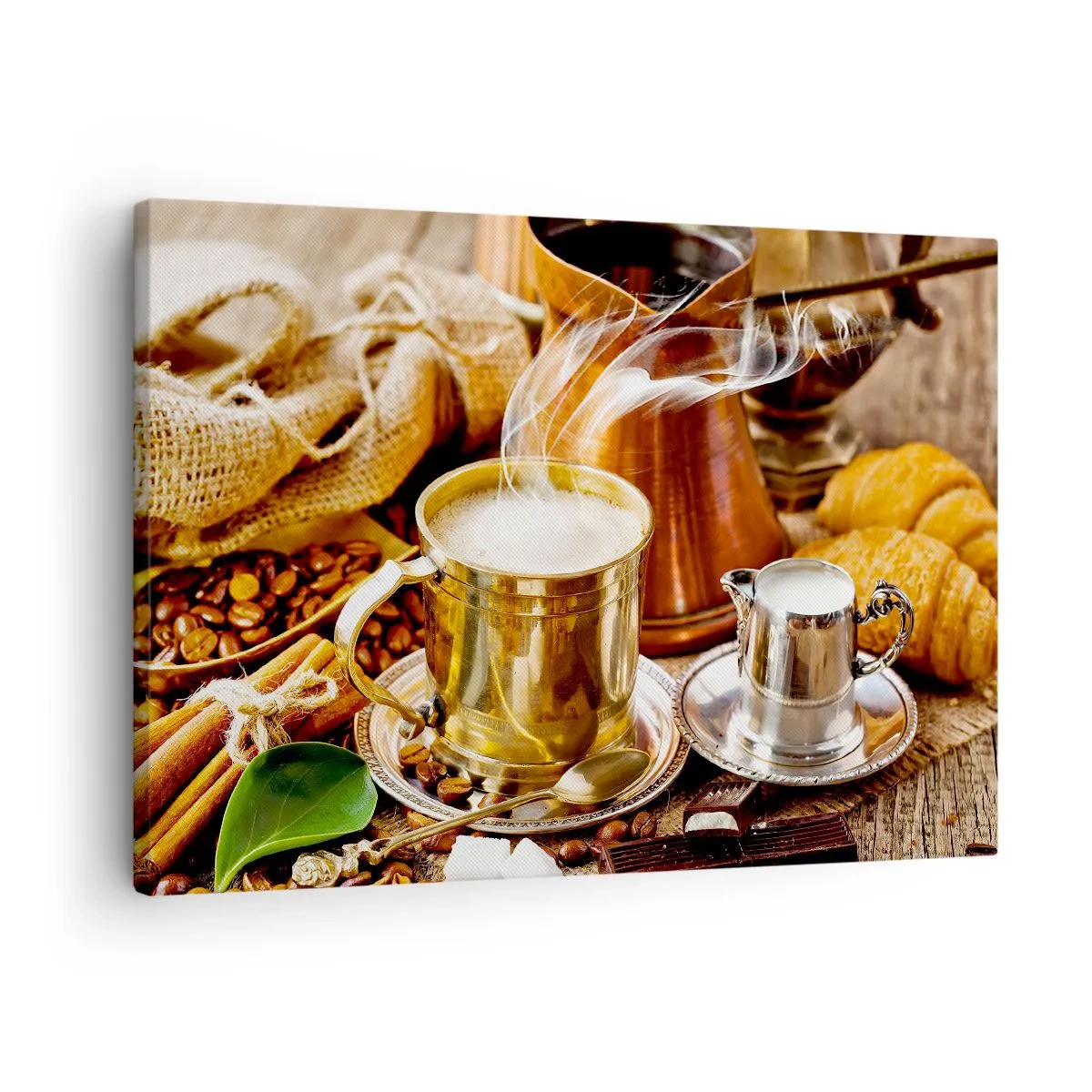 Obraz na plátně - Zlatý hrnek kávy obklopený kávovými zrny, džbány a croissanty - 70x50cm - Hezký den! - Moderní nástěnná dekorace do obývacího pokoje a ložnice ARTTOR