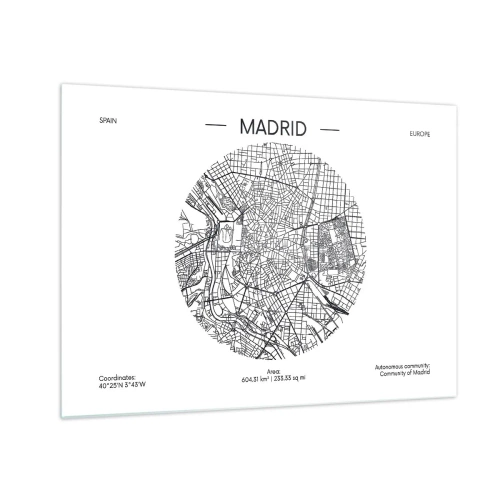 Obraz na skle - Černobílá minimalistická mapa Madridu v kruhovém tvaru. - 70x50cm - Anatomie Madridu - Moderní nástěnná dekorace do obývacího pokoje a ložnice ARTTOR