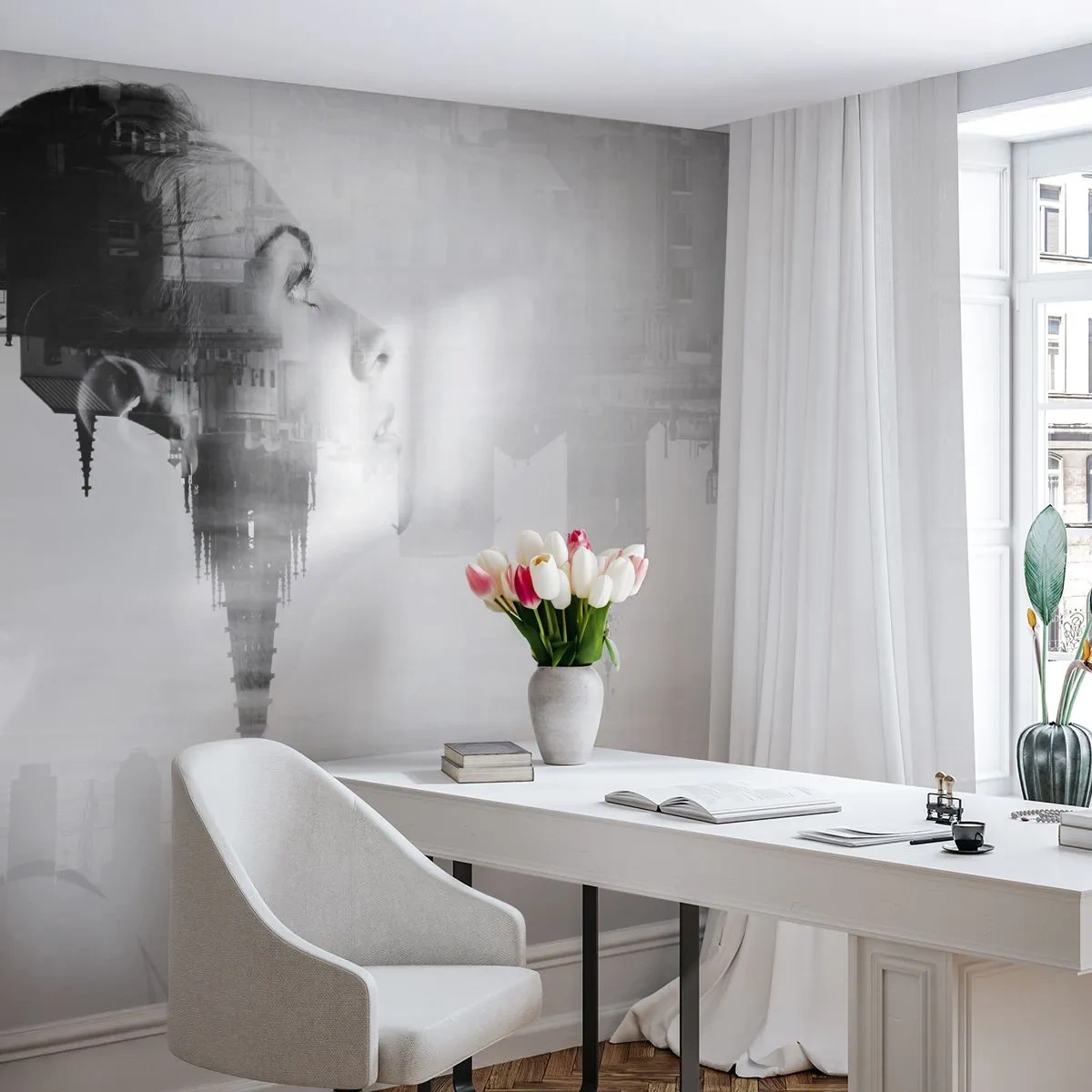 Fototapeta Standard Eco - Z obou stran okna - Abstrakce, ženská tvář, Architektura - 350x256 cm