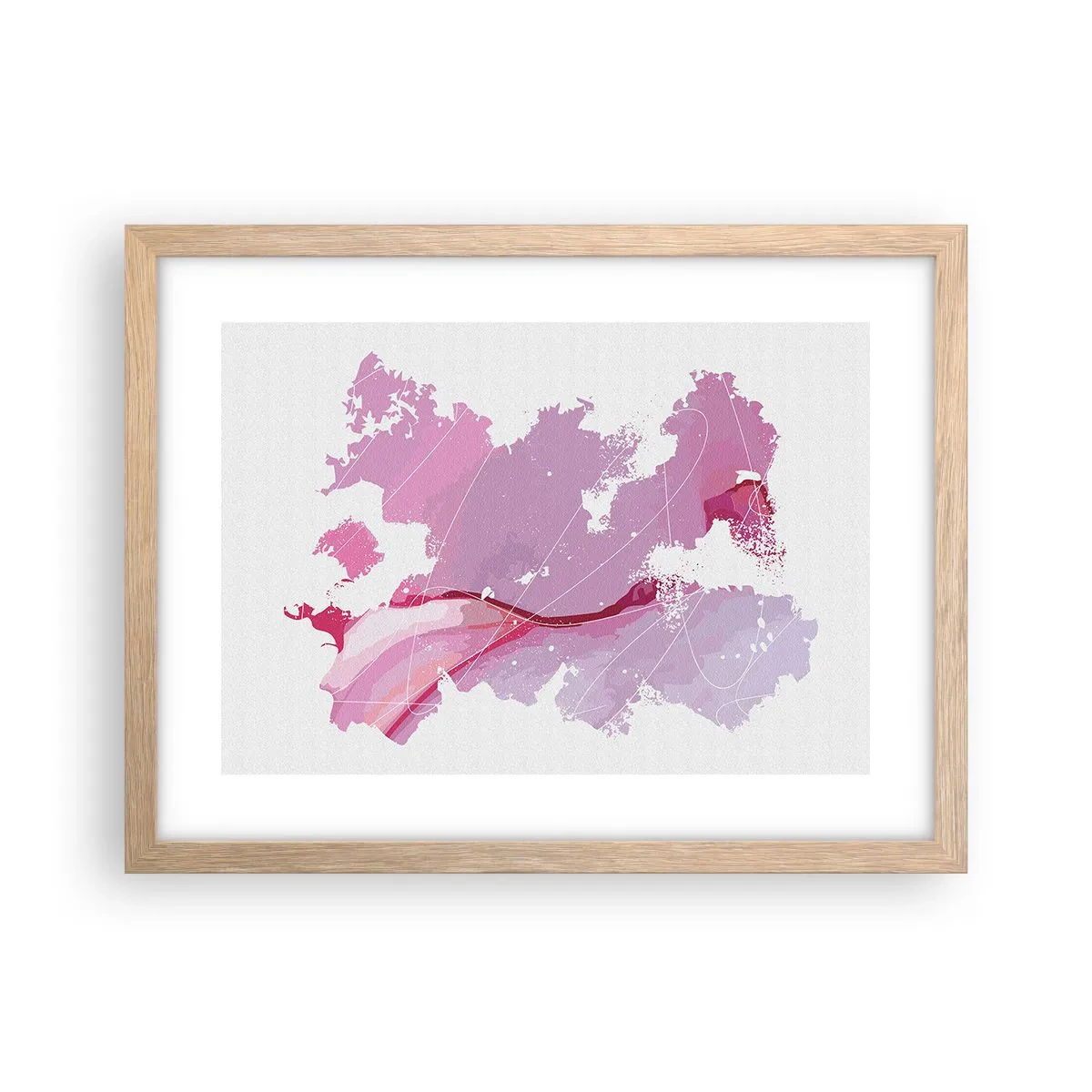 Plakát v rámu světlý dub - Mapa růžového světa - 40x30 cm