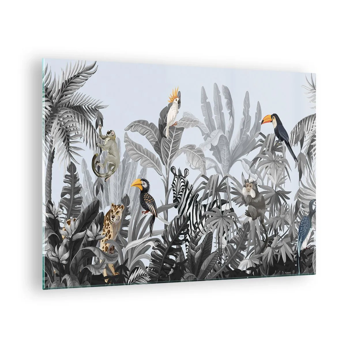 Obraz na skle - Exotická zvířata v černobílé džungli na světlém pozadí - 70x50cm - Africká pohádka - Moderní nástěnná dekorace do obývacího pokoje a ložnice ARTTOR