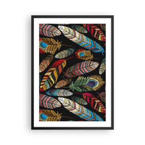 Plakát v černém rámu - Barevné peří na černém pozadí - 50x70cm - Ptačí karneval - Moderní nástěnná dekorace do obývacího pokoje a ložnice ARTTOR