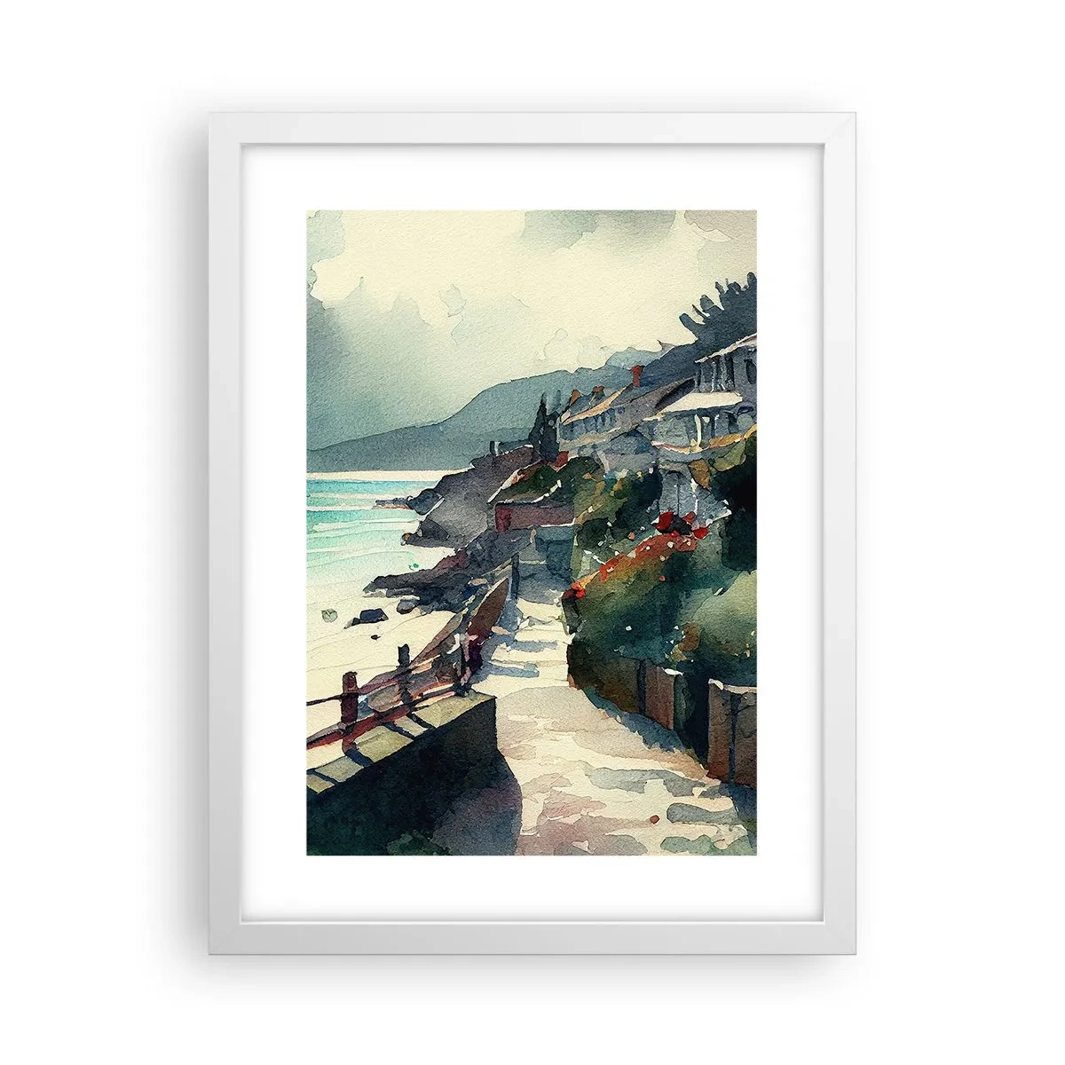 Plakát v bílém rámu - Středomořské městečko - 30x40 cm