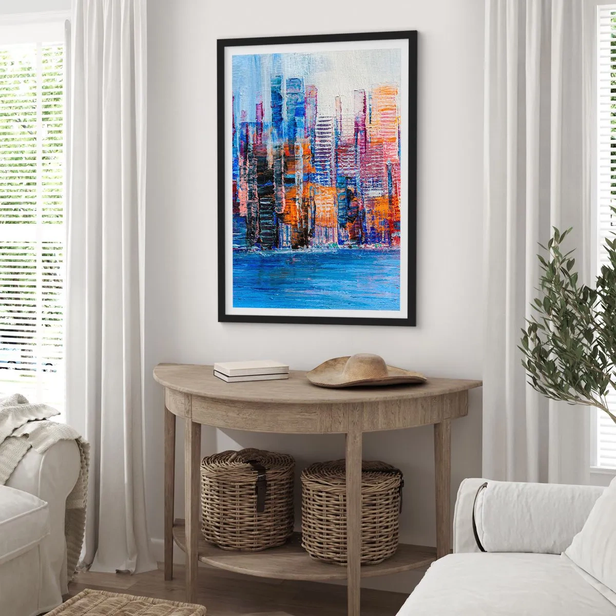 Plakát v černém rámu - Abstraktní panorama města v intenzivních barvách - 50x70cm - Radostná metropole - Moderní nástěnná dekorace do obývacího pokoje a ložnice ARTTOR
