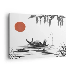 Obraz na plátně - Orientální krajina s rybářem na lodi a rudým sluncem - 70x50cm - Asijské odpoledne - Moderní nástěnná dekorace do obývacího pokoje a ložnice ARTTOR
