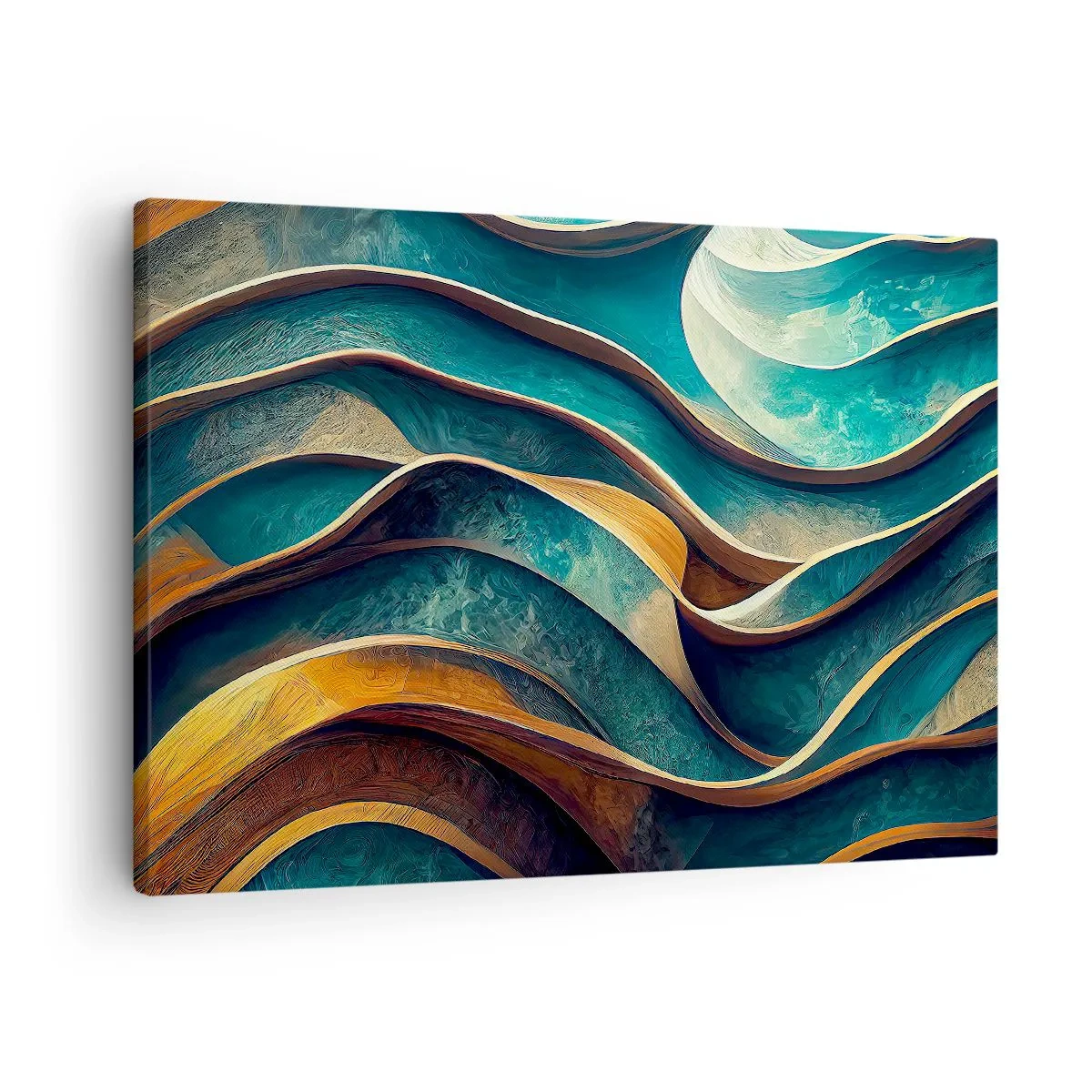 Obraz na plátně - Abstraktní vlny v odstínech tyrkysové a zlaté - 70x50cm - Meandry modré - Moderní nástěnná dekorace do obývacího pokoje a ložnice ARTTOR