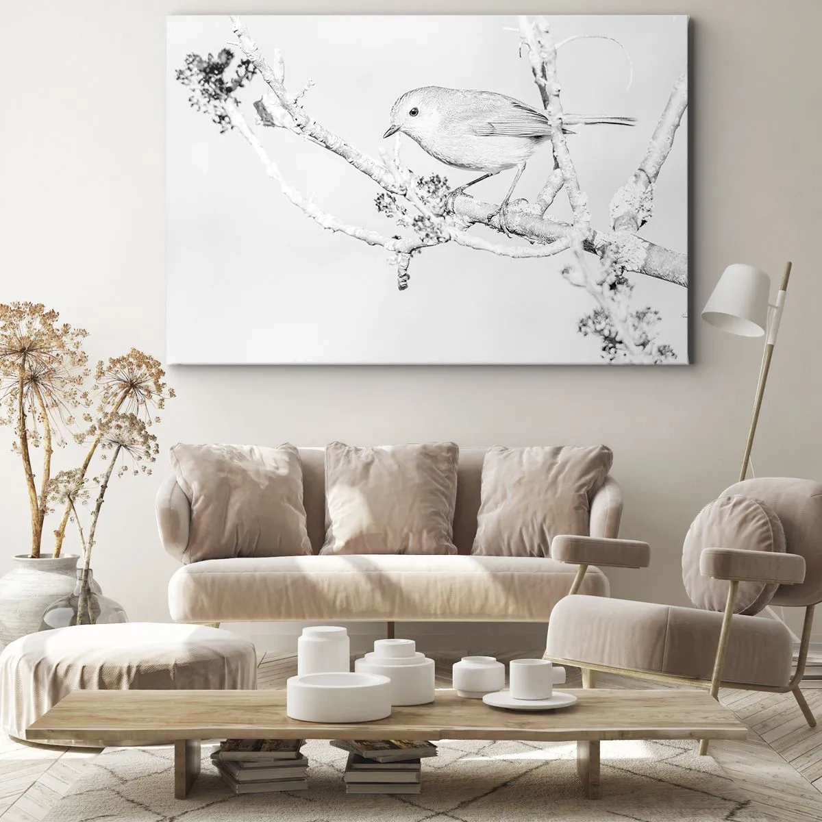 Obraz na plátně - Pták na větvi v černé a bílé s minimalistickým stylem - 70x50cm - Zimní ráno - Moderní nástěnná dekorace do obývacího pokoje a ložnice ARTTOR