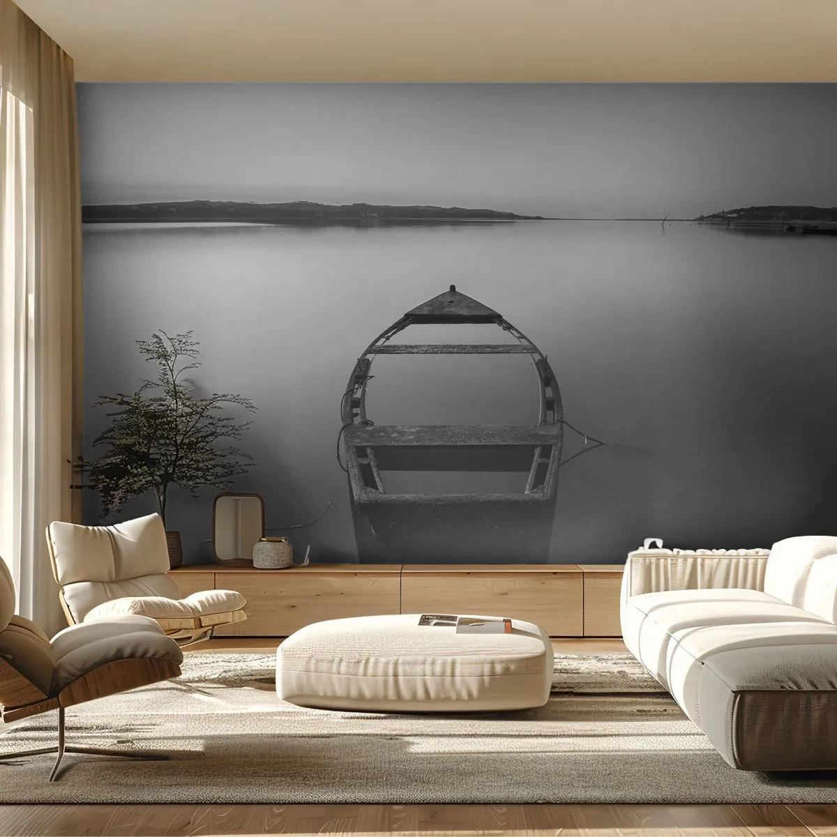 Fototapeta Samolepicí Deluxe Sticker - Stesk a melancholie - Krajina, jezero, Loď - 250x175 cm