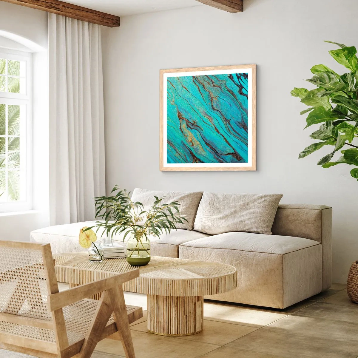 Plakát v rámu světlý dub - Tyrkysový příliv - 40x40 cm