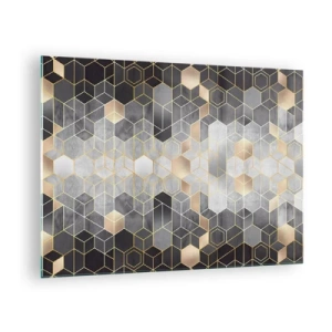 Obraz na skle - Geometrický vzor šestiúhelníků ve zlatých liniích - 70x50cm - Diamantová kompozice - Moderní nástěnná dekorace do obývacího pokoje a ložnice ARTTOR