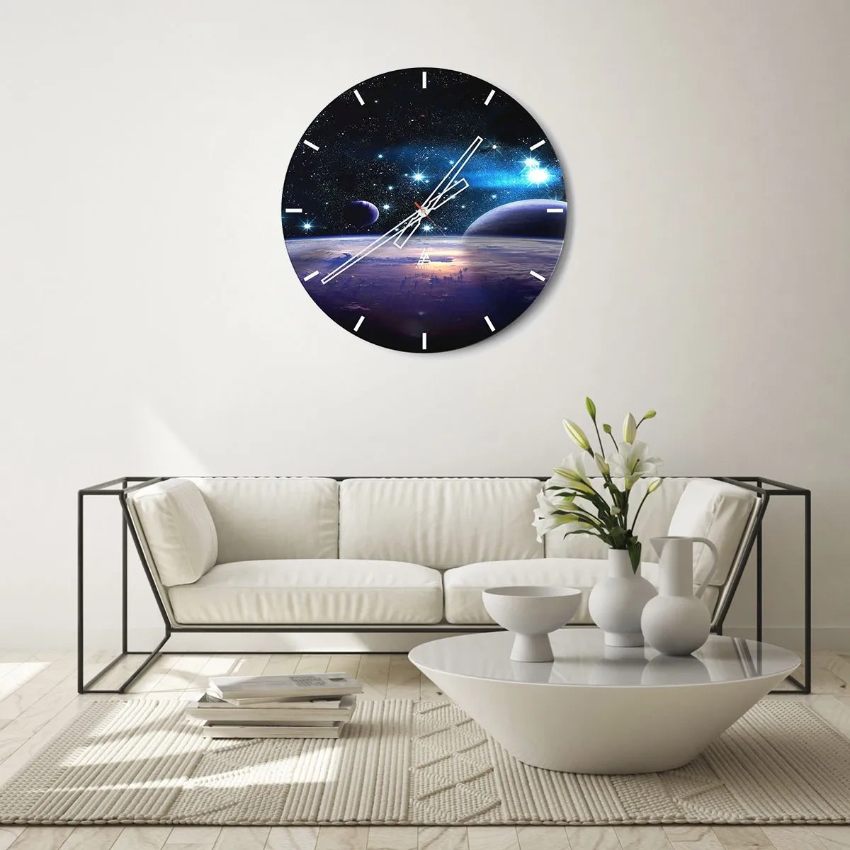 Nástěnné hodiny - Vesmír s hvězdami, planetami a planetárním povrchem s atmosférou - 30x30cm - Stále sami? - Moderní nástěnná dekorace do obývacího pokoje, kuchyně a ložnice ARTTOR