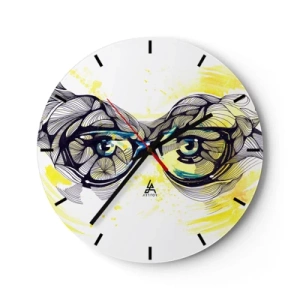 Nástěnné hodiny - Modré brýle v uměleckém stylu s geometrickými detaily a žlutým pozadím. - 30x30cm - Přes modré brýle - Moderní nástěnná dekorace do obývacího pokoje, kuchyně a ložnice ARTTOR