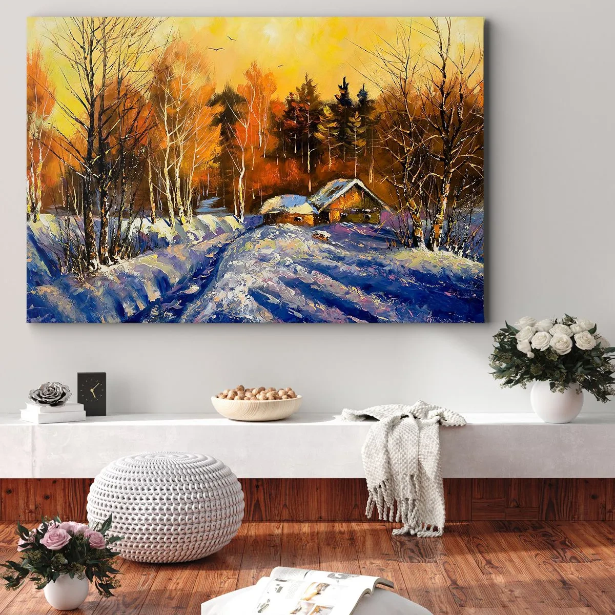 Obraz na plátně - Zimní krajina s domem ve světle zapadajícího slunce - 70x50cm - Zimní imprese v slunci - Moderní nástěnná dekorace do obývacího pokoje a ložnice ARTTOR