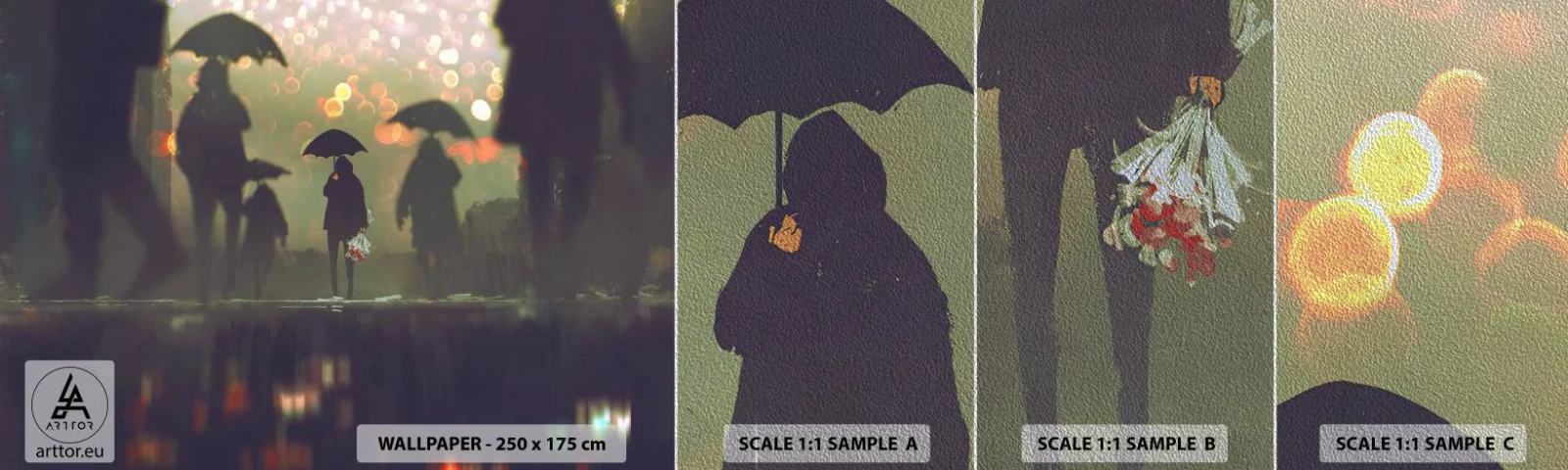 Vzor Fototapety Premium Sand - Z perspektivy kapky deště - Procházka v dešti, Lidé, Grafika - 100x30 cm