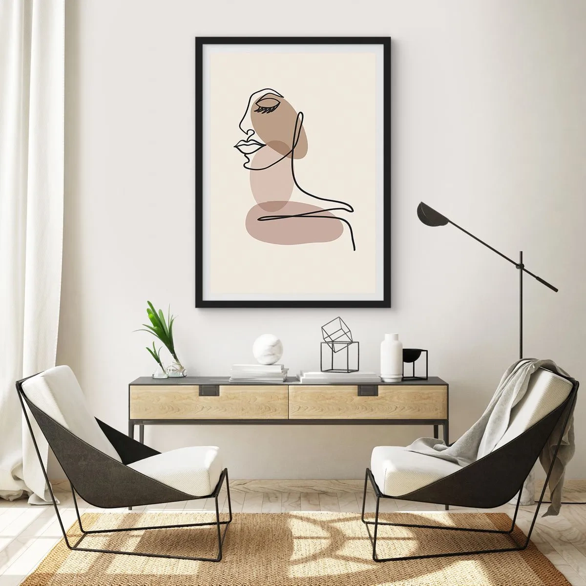 Plakát v černém rámu - Minimalistický portrét ženy v béžových odstínech. - 50x70cm - Při poslechu samé sebe - Moderní nástěnná dekorace do obývacího pokoje a ložnice ARTTOR
