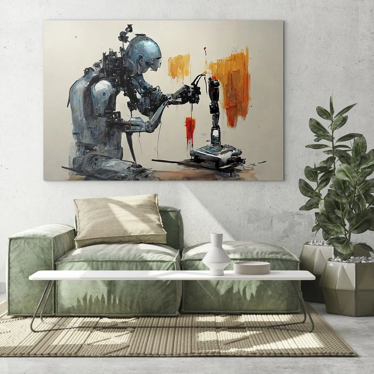 Obraz na skle - Robot malující mechanickou ruku na abstraktní pozadí. - 70x50cm - Už zítra… - Moderní nástěnná dekorace do obývacího pokoje a ložnice ARTTOR