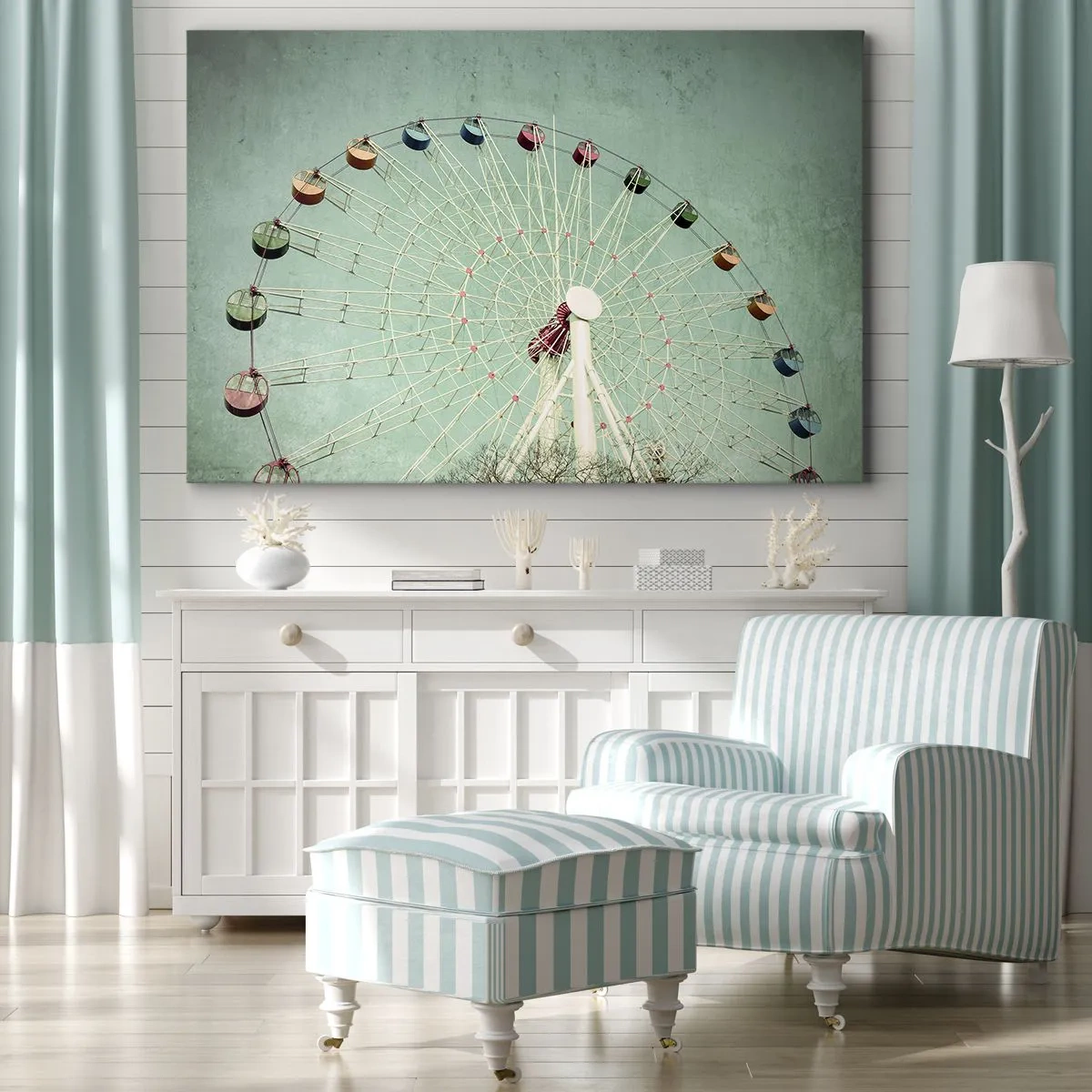 Obraz na plátně - Barevné ruské kolo proti modré obloze v retro stylu - 70x50cm - Zveme vás k zábavě - Moderní nástěnná dekorace do obývacího pokoje a ložnice ARTTOR