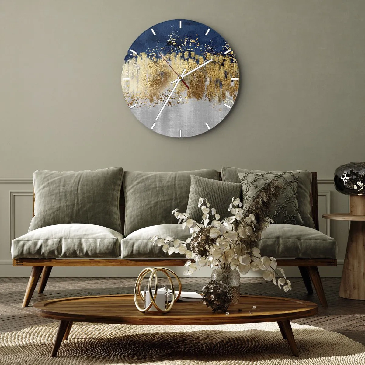 Nástěnné hodiny - Zlaté odlesky a modro-stříbrné pozadí v abstraktním stylu - 30x30cm - Moderní kompozice s jiskrou - Moderní nástěnná dekorace do obývacího pokoje, kuchyně a ložnice ARTTOR