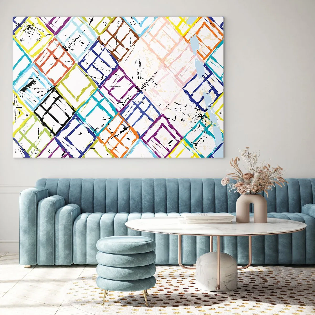 Obraz na skle - Abstraktní vzor s vícebarevnými kosočtverci - 70x50cm - Buňky k pronájmu - Moderní nástěnná dekorace do obývacího pokoje a ložnice ARTTOR