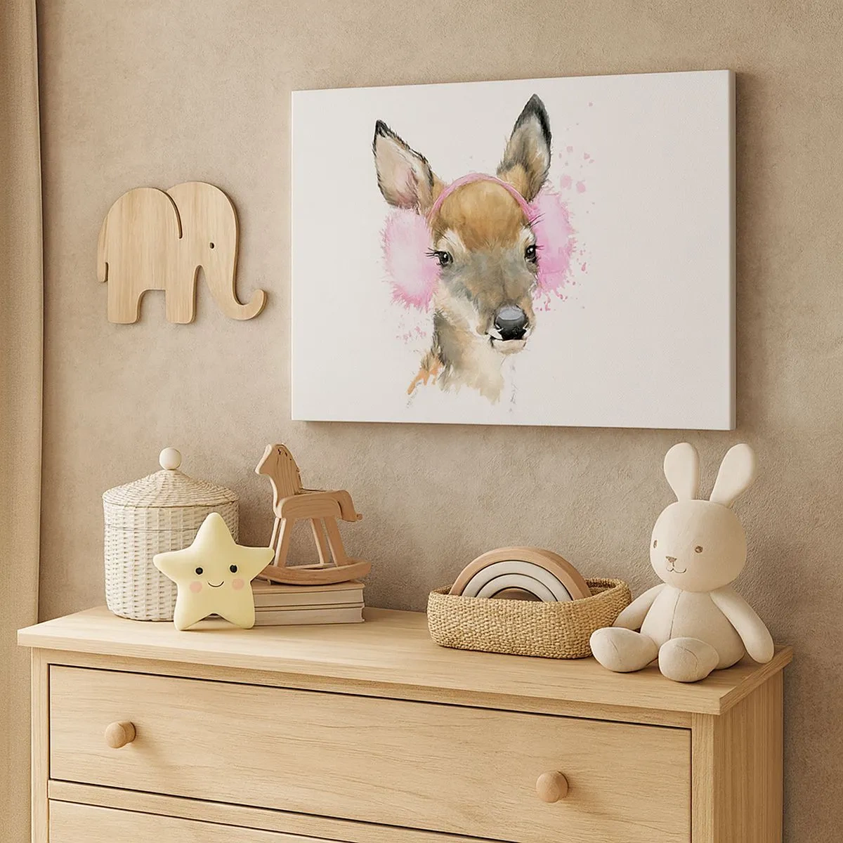 Obraz na plátně - Akvarelový jelen v růžových náušnících - 70x50cm - A mráz už není tak hrozný - Moderní nástěnná dekorace do obývacího pokoje a ložnice ARTTOR
