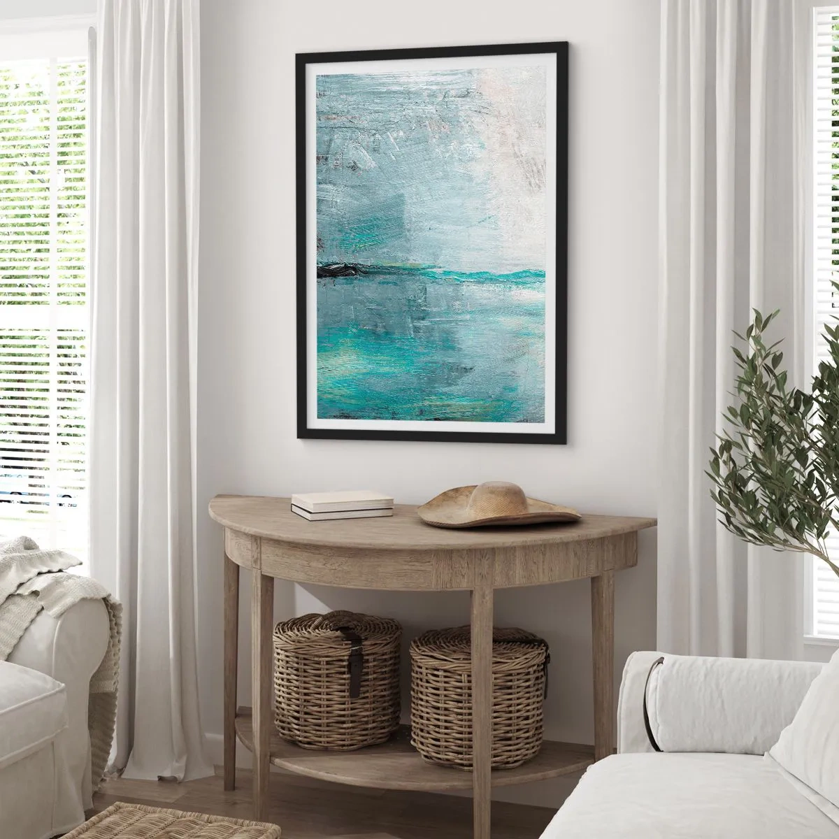 Plakát v černém rámu - Abstraktní krajina v odstínech modré a šedé - 50x70cm - Horizontálně v modři - Moderní nástěnná dekorace do obývacího pokoje a ložnice ARTTOR