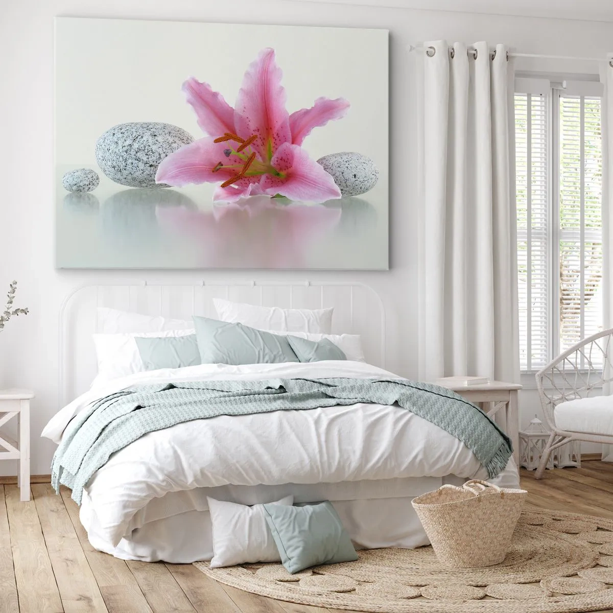 Obraz na plátně - Růžový květ lilie s kameny na světlém pozadí - 70x50cm - Studie v růžové, šedé a bílé - Moderní nástěnná dekorace do obývacího pokoje a ložnice ARTTOR