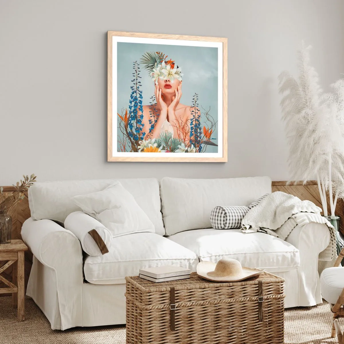 Plakát v rámu světlý dub - Žena – květina - 50x50 cm