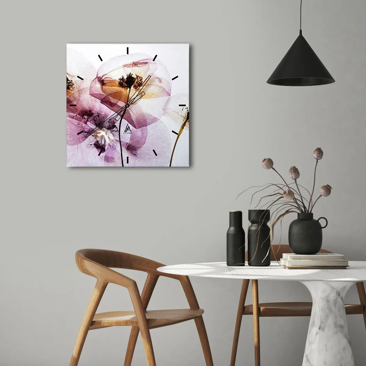 Nástěnné hodiny - Průhledné těla květin - 30x30 cm