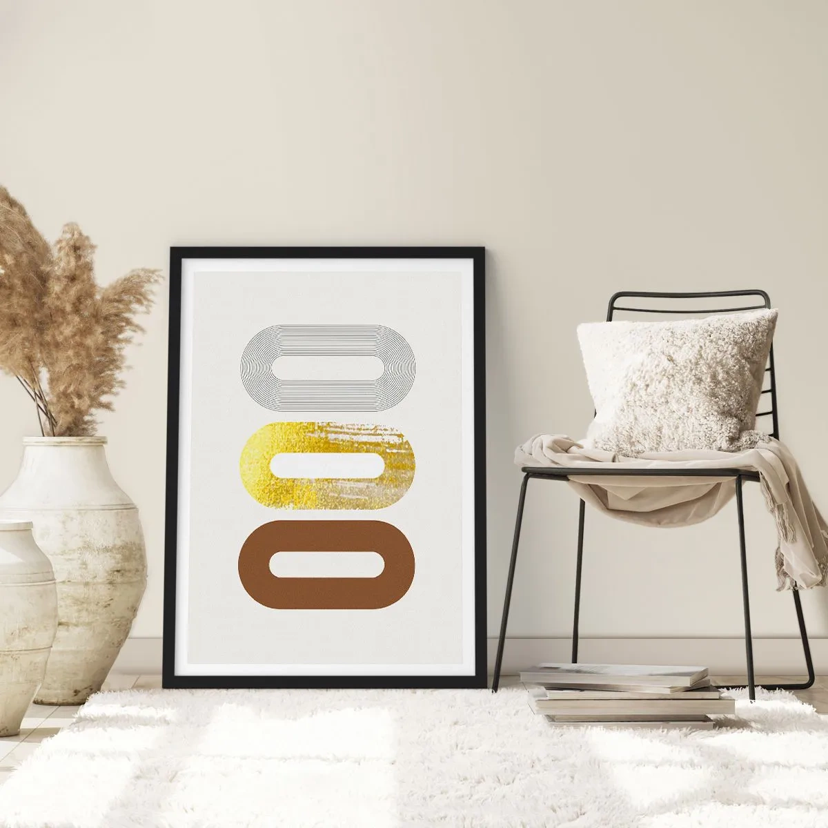 Plakát v černém rámu - Geometrické tvary v odstínech zlaté, hnědé a šedé - 50x70cm - Ooo! - Moderní nástěnná dekorace do obývacího pokoje a ložnice ARTTOR